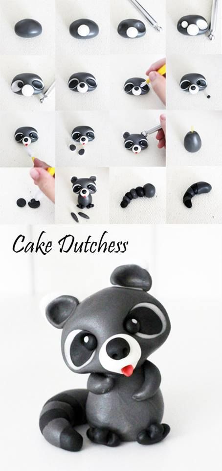 Raccoon Pictorial - Cake Dutchess - For all your cake decorating supplies, please visit craftcompany.co.uk Raccoon Cake Topper, Raccoon Cake, Cake Dutchess, Fondant Animals, Polymer Clay Figures, Fondant Tutorial, Modeling Chocolate, Fondant Decorations, Fondant Toppers