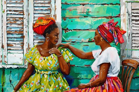 Grenada Art Print Two Ladies Headscarves Caribbean House Caribbean Art Print Gift West Indies Art, Jamaica Art, Caribbean House, Art Projects Kids, Caribbean Homes, African American Wall Art, Real Painting, American Wall Art, Women Images