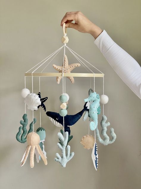 Under The Sea Stuffed Animals, Diy Felt Ocean Animals, Sea Animal Mobile, Octopus Nursery Theme, Deep Sea Nursery Ideas, Marine Animal Nursery, Marine Life Nursery, Under The Sea Mobile, Ocean Themes Nursery