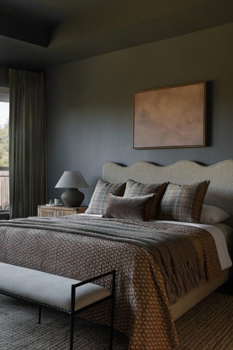 11 Best Moody and Romantic Bedroom Paint Colors Master Bedrooms Timeless, Cozy And Moody Bedroom, Master Suite Inspiration, Best Moody Bedroom Paint Colors, Kendall Charcoal Bedroom, Color Drenching Bedroom Moody, Moody Master Bedrooms Cozy, Scones Bedroom, Cozy Master Suite Ideas