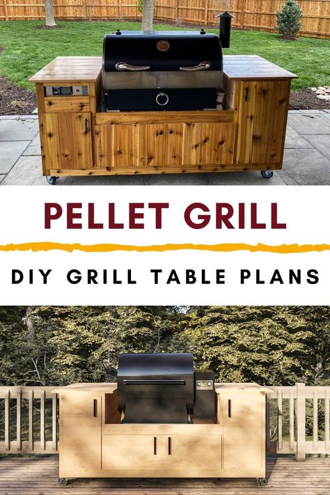 Outdoor Pellet Grill Station, Built In Pit Boss Smoker Outdoor Kitchen, Outdoor Kitchen With Pellet Smoker, Pit Boss Outdoor Kitchen, Pit Boss Grill Outdoor Kitchen, Outdoor Kitchen Pellet Grill, Traeger Built In, Trager Grill Outdoor Kitchen Diy, Smoker Pellet Storage Ideas