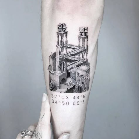 "M.C Escher, for my talented friend Kozo, the coordinates for his room if u want to visit." Mc Escher Tattoo, Escher Tattoo, Kozo Tattoo, Dutch Culture, Coordinates Tattoo, Wolf Tattoo Sleeve, Optical Illusion Tattoo, M C Escher, Explore Tattoo