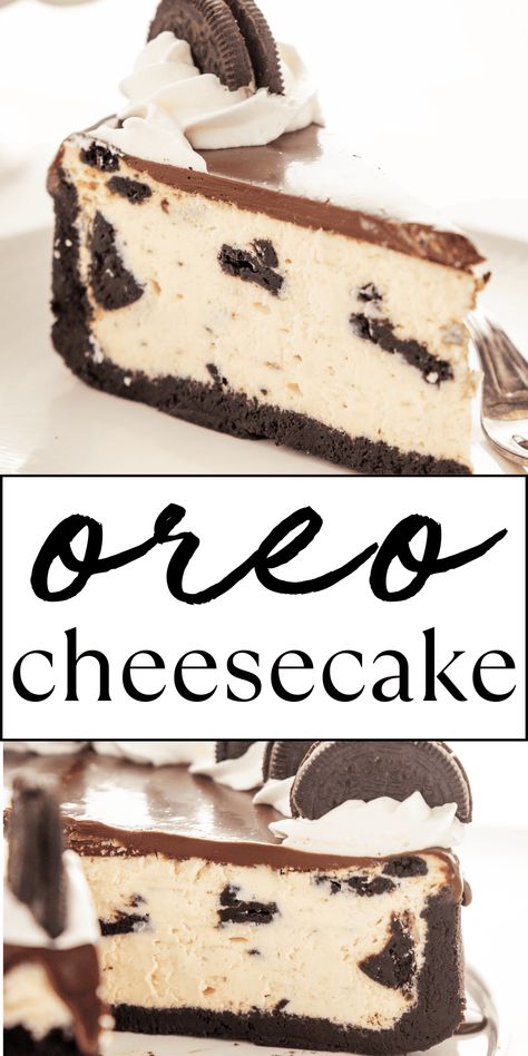 This Oreo Cheesecake Cheesecake recipe is a deliciously creamy and indulgent dessert with a chocolate cookie crust, chunks of Oreo cookie, and a decadent chocolate ganache topping. It's the CREAMIEST homemade Oreo cheesecake that's easy to make with our pro tips, tricks and secrets! Recipe from thebusybaker.ca! #oreocheesecake #cheesecake #oreodessert #bestcheesecakerecipe #oreocheesecakerecipe via @busybakerblog Oreo Baked Cheesecake, Oreo Cheesecake Recipes Easy, Cookie And Cream Cheesecake, Oreo Crumbs Recipes Desserts, Best Oreo Cheesecake Recipe, Easy Oreo Cheesecake Recipes, Oreo Cookie Cheesecake Recipe, Cookies And Cream Cheesecake Recipes, Halloween Oreo Cheesecake