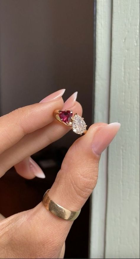 Wedding Rings With Ruby, Funky Gold Engagement Ring, Toi Et Moi Engagement Rings Ruby, Engagement Rings Ruby And Diamond, 2 Stone Wedding Ring, Creative Wedding Rings, Vintage Ruby Engagement Ring, Ruby And Diamond Engagement Ring, Diamond And Ruby Engagement Rings