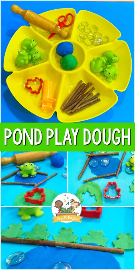 Fun, frog theme play dough tray. Your kids will have a blast playing and learning with this pond theme play dough invitation. #preschool #prek #prekpages Reptile Theme Preschool, Turtle Preschool, Frog Theme Preschool, Pond Activities, Reptiles Activities, Pond Life Theme, Frogs Preschool, Pond Crafts, Play Dough Invitation