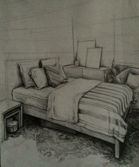 Bedroom Pencil Drawing, Drawing Bedroom Sketches, How To Draw Carpet, Bedroom Sketch Drawings, Carpet Drawing Sketch, Bedroom Reference Drawing, Bed Drawing Sketches, Carpet Design Drawing, Bedroom Perspective Drawing