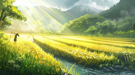 Smooth Anime Style Illustration of Rice Field and Scarecrow Digital Art Grass Field Tutorial, Rice Field Illustration, Ali Mola, Inspirational Digital Art, Flowing River, River Flowing, Grass Background, Photography Movies, Rice Field