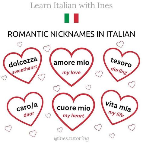 Learn Italian with Ines Italian Terms Of Endearment, I Love You In Italian, Italian Cuss Words, Learning Italian Aesthetic, Italian Words Aesthetic, Italian Language Aesthetic, Pretty Italian Words, Italian American Aesthetic, English To Italian Words