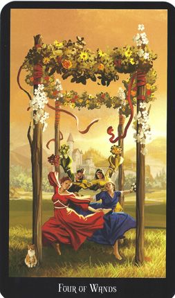 Focus Card: Four of Wands Divinatory meaning Upright - The fruits of one's labour, hard work resulting in the successful… Four Of Wands Tarot, Four Of Wands, Witches Tarot Cards, Witches Tarot Deck, Wands Tarot, Daily Tarot Reading, Witch Tarot, Lord Byron, Free Tarot