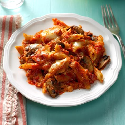 This is an easy, hearty and delicious meal for a chilly evening! Its cheesy goodness will have you going in for seconds. Serve with salad and garlic bread. —Sue Aschemeier, Defiance, Ohio Penne Bake, Pasta Tortellini, Vegetarian Casserole Recipes, Vegetarian Casseroles, Recipe Mushroom, Favorite Casserole Recipes, Tuscany Decor, Vegetarian Casserole, Favorite Casseroles