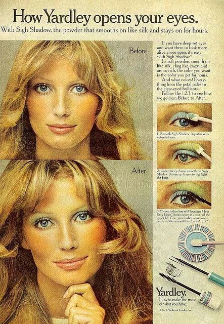 Yardley eye makeup how-to. 1972. http://www.pinterest.com/pin/13088655139590603/ Authentic 70s Makeup, 70s Makeup Magazine, Abba Makeup 70s, 70 Makeup 1970s Make Up, Abba Makeup, 1970s Makeup Tutorial, 1970 Makeup, 70s Make Up, 70’s Makeup