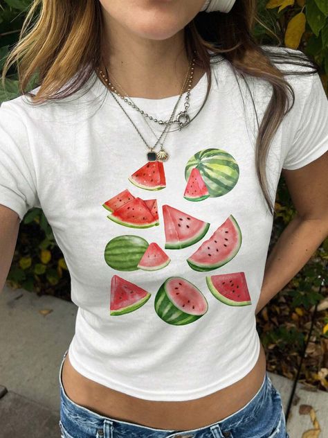 Watermelon Outfit Aesthetic, Fruit Outfits, Watermelon Clothes, Watermelon Graphic, Summer Graphic Tees, Photo T Shirt, Watermelon T Shirt, Watermelon Outfit, Aesthetic Fruit