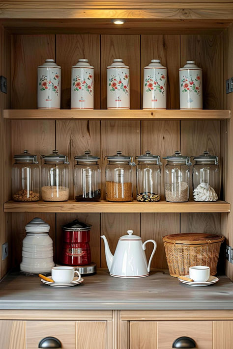 35 Tea Station Designs for a Perfect Tea Time Tea Display Ideas, Tea Station Ideas, Tea Corner Ideas, Kitchen Tea Ideas, Tea Space, Tea Shelf, Pantry Goals, Tea Corner, Salted Granola