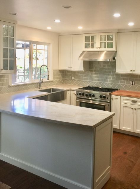 Classic Cottage Kitchen with Handmade Green Crackle Subway Tile Backsplash Crackle Subway Tile, Handmade Subway Tile, Rustic Backsplash, Subway Tile Kitchen, Classic Cottage, Handmade Tile, Cottage Kitchens, Subway Tile Backsplash, Classic Kitchens