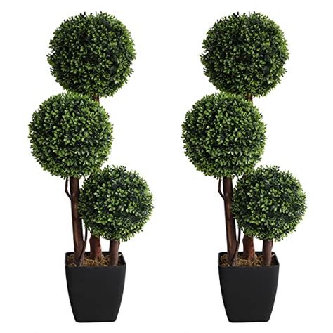 Artificial Topiaries Ball Tree Outdoor, 3ft Fake Topiary Triple Ball Boxwood Trees(2 Pieces), Faux Shrubs Plants Potted Green Decorative Indoor Porch or Garden（35inch） Boxwood Tree, Indoor Porch, Artificial Topiary, Planting Shrubs, Silk Plants, Topiaries, Potted Plants, Outdoor Gardens, Furniture Decor