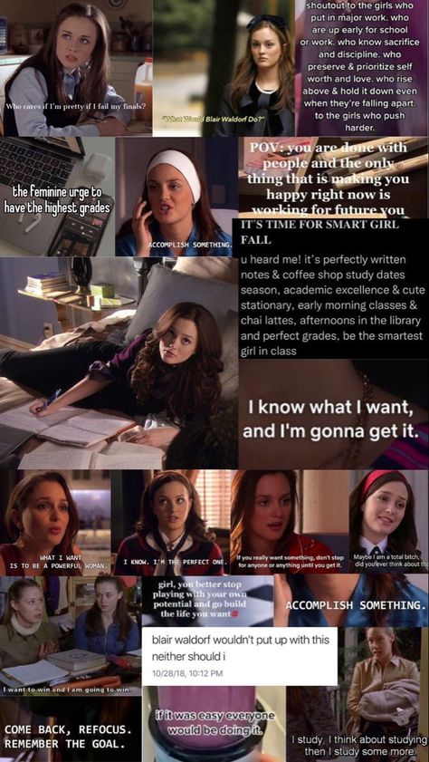 Rory Gilmore School Quotes, Blair Waldorf Academic Aesthetic, Blair Waldorf Vision Board, Smart Girl Vision Board, Blair Waldorf School Aesthetic, Gossip Girl Study Motivation, Blair Waldorf Aesthetic Study, Study Like Blair Waldorf, Blair Waldorf Study Aesthetic