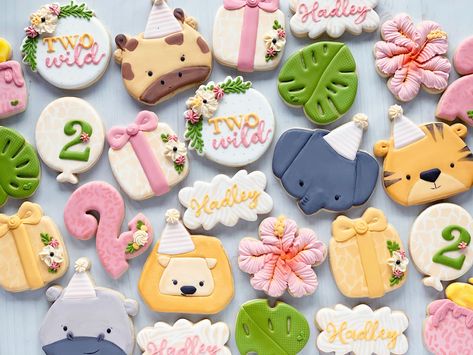 Two Wild Cookies Girl, Two Wild Birthday Cookies, Born Two Be Wild Birthday Girl, Two Wild Cookies, Second Birthday Cookies, 2nd Birthday Cookies, Decorated Birthday Cookies, Jungle Cookies, Cookie Package