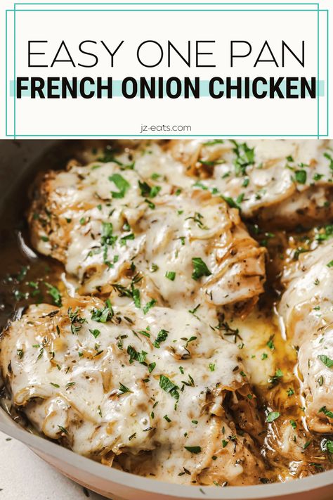 Savory and nostalgic, this French Onion Chicken is a one-pan recipe that's perfect for a hearty weeknight dinner. The comforting flavors of French onion soup pair with tender chicken breasts for a delicious meal with easy clean up. French Onion Chicken And Rice Skillet, Chicken Breast Onion Soup Mix Recipe, French Onion Chicken Casserole Rice, French Onion Soup Chicken Crock Pot, One Pan French Onion Chicken And Rice, Lipton French Onion Chicken, Chicken Recipes With Onion Soup Packet, Perdue Chicken Shortcuts Recipes, Lipton Onion Soup Mix Chicken