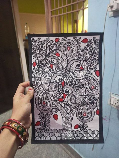 Madhubani Paintings and Art | A4 size handmade paper | Facebook Madhubani Motifs, Mithila Art, Gond Art, Warli Art, Madhubani Paintings, Productive Work, Indian Artwork, Big Rangoli, Basic Mehndi