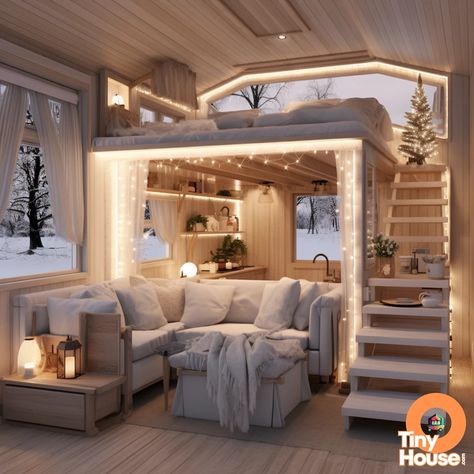 Cottage Luxury Interior, Winter Tiny House, Tiny House Mansion, Luxurious Tiny Home, Fun Rooms In Houses, Bunk Bed Curtains Diy, Luxury Tiny House Interior, Bed Curtains Diy, Aesthetic Tiny House