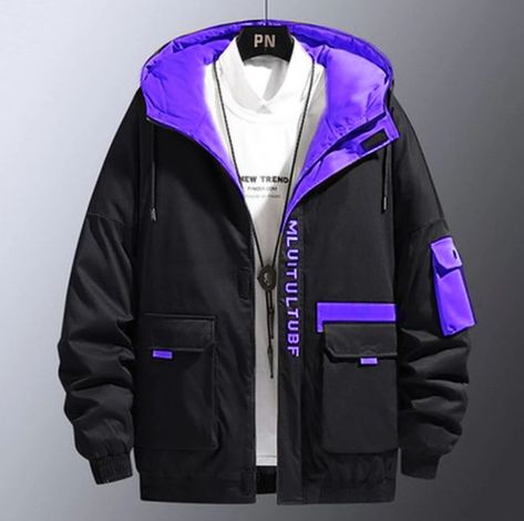 Cyberpunk Hoodie Design, Cyberpunk Jacket Design, Techwear Jackets Men, Gamer Outfits Men, Purple Techwear, Puffy Coat Outfit, Cyberpunk Costume, Cyberpunk Jacket, Cyberpunk Outfit