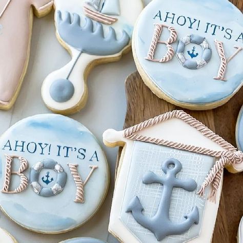 TheBatch on Instagram: "Full set of ‘Ahoy it’s a Boy’ cookies. I loved getting to incorporate some watercolor into these. Do you guys like to paint on your cookies as much as I do???💙⚓️💙⚓️💙⚓️ . . . . . . . . . #cookiedecorating #cookiedecorator #cookier #cookies #royalicingflowers #sugarcookiesofinstagram #cookiesofinstagram #cookieart #edibleart #royalicingcookies #decoratedsugarcookies #royalicing #sugarcookies #customcookies #designercookies #watercolor #babyshower #ahoyitsaboy #customsugarcookies #decoratedcookies #sugarart #cookieartist #foodiesofinstagram #foodie #foodies #buzzfeedfood #talentedcookiers" Ahoy It’s A Boy Cookies, Nautical Cookies Decorated, Boat Cookies, Nautical Cookies, Decorated Biscuits, Cookies Decoration, No Bake Sugar Cookies, Royal Icing Flowers, Ahoy Its A Boy