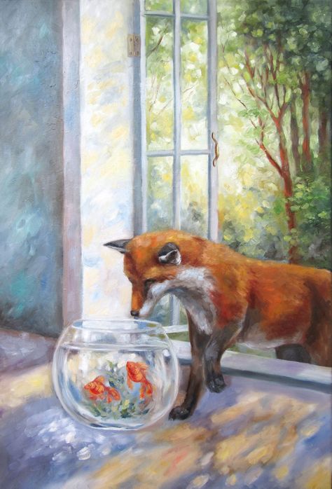 #foxpainting #fox #fishbowl #goldfish #painting Fishbowl Painting, Fox Paintings, Goldfish Painting, Fox Painting, Fish Bowl, Funky Art, Goldfish, Oil On Canvas, Fox