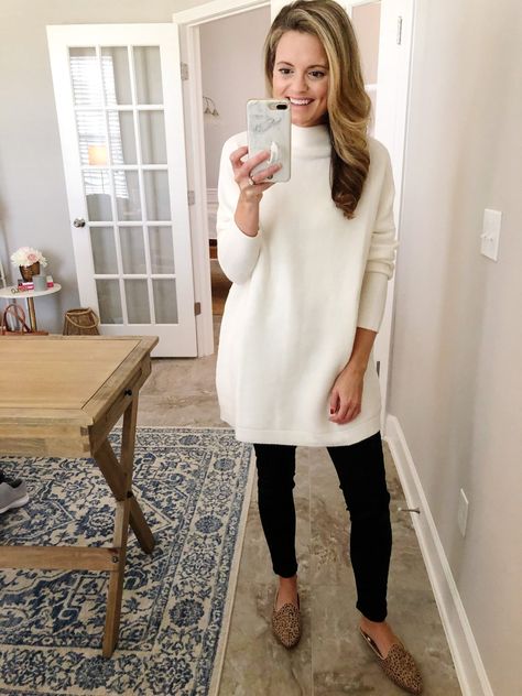 Long Cream Sweater Outfit, Cream Sweater Dress Outfit, Tunic Sweater Outfits, Sweater Dress Leggings, Cheers To Friday, Ivory Sweater Dress, Classic Work Outfits, Cream Sweater Dress, Tunic Outfit