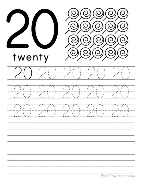 Free printable tracing number 20 worksheets. Free number tracing sheets are perfect for number writing practice for preschool and kindergarten. #papertraildesign #preschool #kindergarten #handwritingprintables Number 20 Worksheets For Preschool, Number 20 Worksheet, Number Writing Worksheets, Free Learning Websites, Colors Learning, Number Writing Practice, Number Tracing Worksheets, Numbers Tracing, Letter Writing Practice