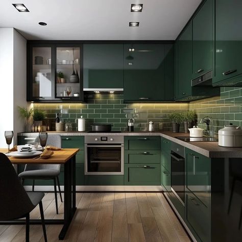 🌿 Exploring the Spectrum of Green Kitchens 🌿 Created using Ai Welcome to a kaleidoscope of kitchen inspiration where every shade of green takes centre stage! Swipe left to immerse yourself in the diverse world of kitchen styles, united by the soothing embrace of nature's favourite hue. 🍃💚 1. Modern Green Elegance: Embrace contemporary sophistication with sleek green cabinets and stainless-steel accents. The perfect blend of chic and functional design. 🔗 2. Rustic Charm in Green: Step into ... Small Green Kitchen, Dark Countertops Kitchen, Green Modern Kitchen, Kitchen Cupboard Colours, High Gloss Kitchen Cabinets, Gloss Kitchen Cabinets, Cupboard Colors, Green Kitchens, Kitchen Galley