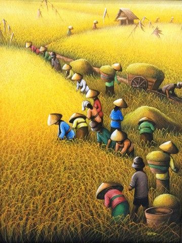 Bali ~ Golden Padi Field ~ by Ichtiar Farmer Painting, Village Scene Drawing, Bali Painting, Filipino Art, Philippine Art, Arte Folk, Scene Drawing, Art Village, Village Photography