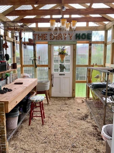 Greenhouse Kitchen Ideas, Decorated Greenhouse, Greenhouse Inside Ideas, Greenhouse Playhouse, Greenhouse Organization Ideas, Greenhouse Floor Ideas, Greenhouse Interior Ideas, Shed Greenhouse Combo, Rustic Greenhouses