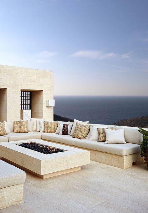 Sunken Fire Pits, Expect Nothing, Mediterranean House, Linear Fireplace, Seating Ideas, Fire Pit Seating, U Shaped Sofa, Modern Outdoor Furniture, Mediterranean Homes