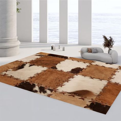 PRICES MAY VARY. MATERIAL: Made of polyester fiber fabric; Imitation cashmere material; Non-slip rubber bottom; Suitable for bedroom living room use MULTIPLE SIZES AVAILABLE: 2' x 3' (60 x 90 cm); 2.6' x 4' (80 x 120 cm); 3' x 5' (90 x 150 cm); 4' x 6' (120 x 180 cm); 5' x 7' (150 x 210 cm); 6' x 9' (180 x 270 cm) STYLE: Western cowhide patchwork pattern; Colorful designs; Clear machine-printed and dyed patterns MANUFACTURING: Machine woven with tight edges; Not easy to fall off EASY CARE: Use a Cow Print Area Rug, Rugs Rustic, Print Rugs, Brown Cow Print, Rug For Entryway, Girl Apartment, Patchwork Cowhide Rug, Brown Cow, Matching Furniture