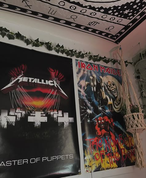 edgy room, goth, emo, band posters on wall #bandposter #bands #ironmaiden #metallica #walldecor #diy Metal Posters Room, Metal Band Posters On Wall Bedroom, Heavy Metal Room Ideas, Metallica Room Decor, Metallica Bedroom, Emo Band Posters, Metal Room Aesthetic, Metalhead Room Decor, Metal Head Room