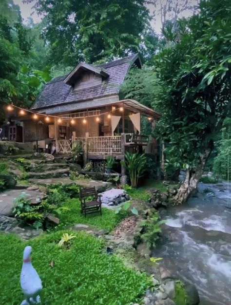 Whimsical Cabin In The Woods, Cottages In The Forest, Cute House In The Forest, Wood House Astethic, Cute Houses In The Woods, Cottage House In Forest, Cozy Cottage In The Woods Interiors, House By Creek, Cozy Mountain Home Exterior