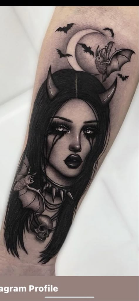 Demon Tattoo For Women, Dark Feminine Tattoos Beautiful, Gothic Nun Tattoo, Vampire Portrait Tattoo, Gothic Female Tattoo, Creepy Lady Tattoo, Gothic Stilleto Nails Designs, Lady With Flowers Tattoo, Dark Pinup Tattoo