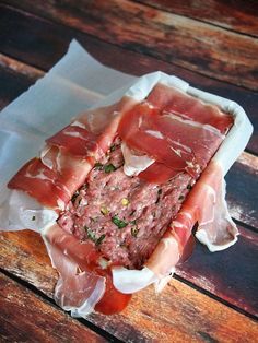 Fold your prosciutto over the top of the terrine. Make sure you fold your ends in first. Pork Terrine, Terrine Recipe, Head Cheese, Pate Recipes, Easy Pork, Cured Meats, Meat Dishes, Over The Top, Pork Recipes