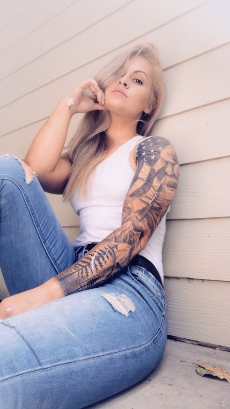 Patriotic Female Tattoo, Women American Flag Tattoo, American Sleeve Tattoo For Women, Women Flag Tattoo, Black And White Sleeve With Pop Of Color, American Flag Inner Bicep Tattoo, Woman’s Western Sleeve Tattoo, Half Sleeve American Flag Tattoo, Conservative Tattoos For Women