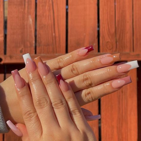 Different Color French Tip Acrylic Nails, Creative French Tip Nails Square, French Nails Different Colors, Cream Gel Polish, Color Cube, Brown Acrylic Nails, Classic Nail, Nail Looks, Stunning Nail Designs