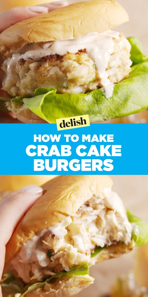 Crab Cakes taste even better as a burger. Get the recipe on Delish.com Crab Burger Recipes, What Goes Good With Crab Cakes, Crab Cakes Sandwich, Crab Cake Sandwich Recipe, Crabcake Recipe, Crabcake Sandwich Recipe, Crab Cake Burger, Crab Cakes With Remoulade, Crab Cake Burgers