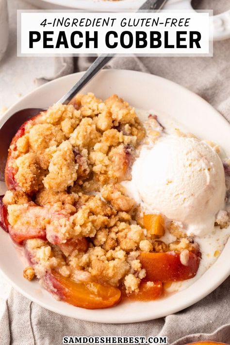 This 4 ingredient peach cobbler is the perfect simple yet delicious dessert recipe! Made with fresh summer peaches and a perfectly sweet crumb topping. Whip up this super easy recipe for potluck, parties, or summer bbqs! This recipe even includes gluten-free and vegan options. Healthy Peach Cobbler, Gluten Free Peach Cobbler, Fresh Peach Cobbler, Easy Peach Cobbler Recipe, Healthy Cookie Dough, Cobbler Topping, Yummy Desserts Easy, Peach Cobbler Easy, Peach Desserts