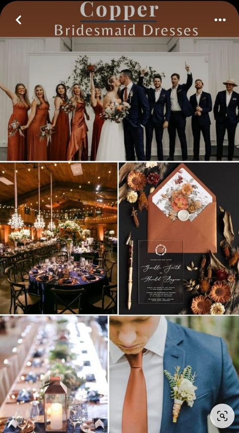 Navy And Wedding Colour Schemes, Copper And Blue Wedding Colors, Weddings With Navy Blue Suits, Blue And Copper Wedding Decor, Copper Navy Blue Wedding, Dark Blue And Copper Wedding, Copper And Navy Bridesmaid Dresses, Navy Blue Copper Burgundy Wedding, Blue And Copper Bridesmaid Dresses