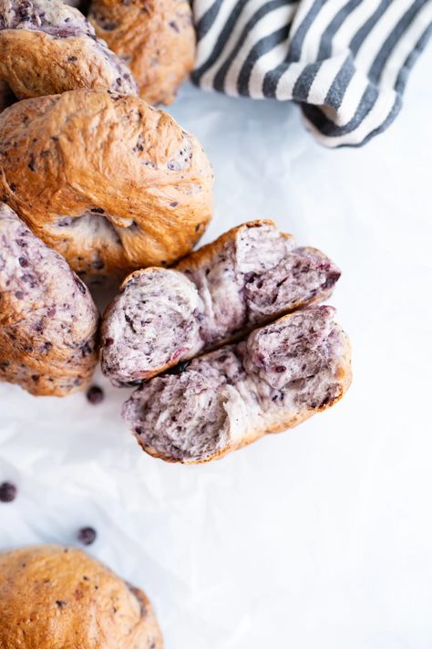 A homemade blueberry bagel cut in half with the inside facing up. Homemade Blueberry Bagels, Blueberry Bagel Recipe, Blueberry Bagels, Whole Wheat Bagel, Blueberry Bagel, Cooking With Karli, Gluten Free Bagels, Sugar Bread, Homemade Bagels