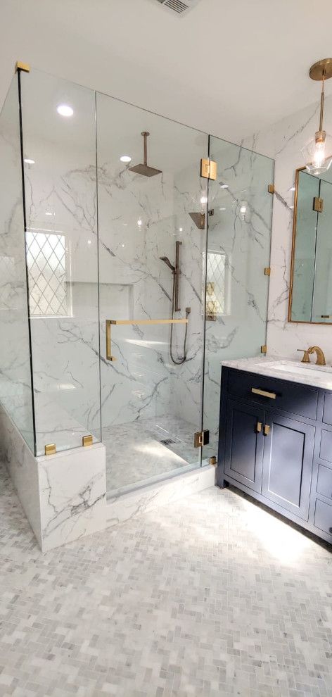 Navy Master Bathroom - Modern - Bathroom - Los Angeles - by Riki S. Design | Houzz Custom Vanity Cabinets, Modern Master Bath, Master Bath Vanity, Marble Showers, Master Shower, Bathroom Modern, Bathroom Redesign, Master Bath Remodel, Bathroom Remodel Designs