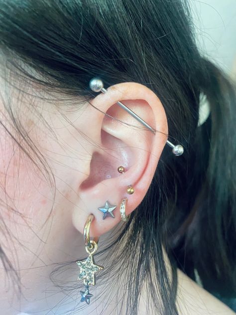 Industrial piercing, helix piercing, cartilage piercings, snug piercings , triple lobe piercings, conch piercing, celestial earrings, earrings stack, silver earring stack, gold earring stack, mixed metal earrings, autumnal witchy earrings Alt Earring Stack, Mixed Metal Piercings, Mixed Metal Earring Stack, Cute Industrial Piercing, Silver Earring Stack, Gold Earring Stack, Triple Lobe, Triple Lobe Piercing, Earrings Stack