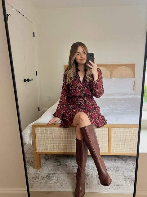 floral fall dress Brown Dress Brown Boots, Floral Dress Winter Outfit, Proposal Outfits For Her Fall, Floral Fall Dress, Floral Fall Outfit, Mini Dress Boots Outfit, Winter Skirts And Boots, Dress Outfit Fall, Skirt And Dress Outfits