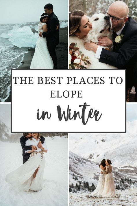 Advneture and destination elopement photographer gives you the most epic places for a winter elopement. From the mountains of Colorado to Kauai, Hawaii, to the deserts of Moab, Utah, to the black sand beaches of Iceland, the beaches of Mexico, and the jungles of Costa Rica, this elopement planning guide will help you plan the perfect winter elopement! Elopement Ideas Winter, Desert Winter Wedding, Christmas Elopement Ideas, Northern Lights Elopement, December Elopement, Winter Mountain Elopement, Winter Elopement Europe, Christmas Elopement, Cabin Elopement Winter