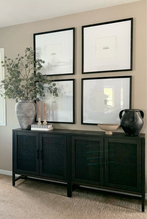 Console Cabinet In Living Room, Black Dresser In Living Room, Home Office With Sideboard, Black Wall Home Office Ideas, Modern Home With Black Accents, Back Of Living Room Ideas, Black Natural Home Decor, Black And Wood Living Room Furniture, Office Sideboard Decor