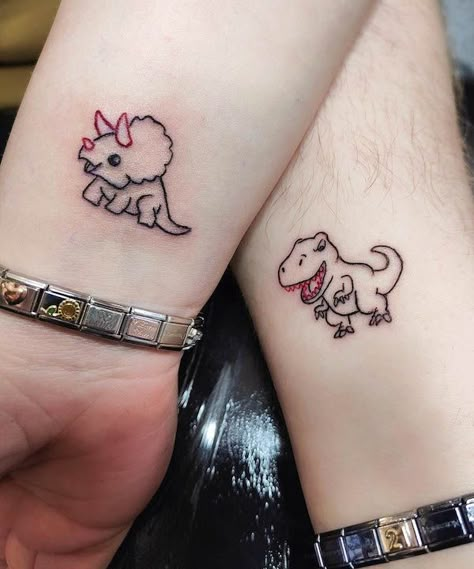 Matching Dinosaur Tattoos Couples, Dinosaur Tattoo For Couples, Small Matching Dragon Tattoos, Cute Dino Tattoo Matching, Stitch Matching Tattoos, Bff Dinosaur Tattoos, Couple Tattoos Dinosaur, Matching Dragon Tattoos, Tattoos For Boyfriend